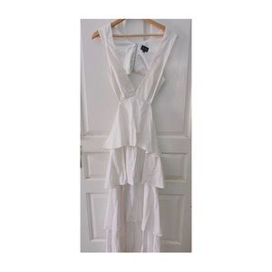 formal white ruffle dress, long, open back -Bardot